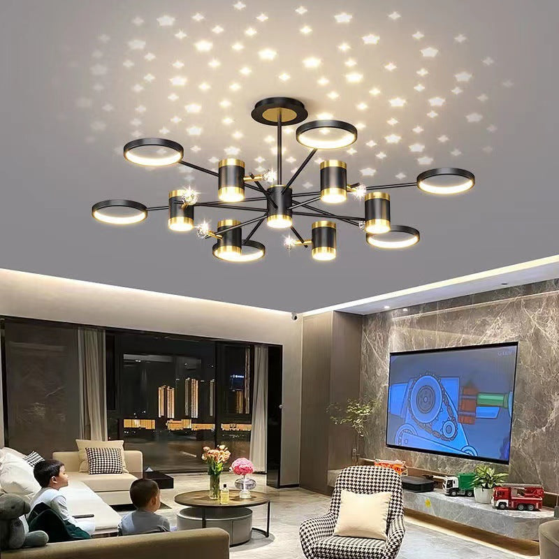 Light Luxury Chandelier Nordic Star Lamp Combination in a modern living room setting with star patterns on the ceiling.
